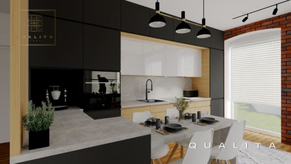 Projekt Mieszkania Pod Flip Qualita Interno salon z aneksem kuchennym w kamienicy styl loft 600x338  Qualita Sklep Internetowy